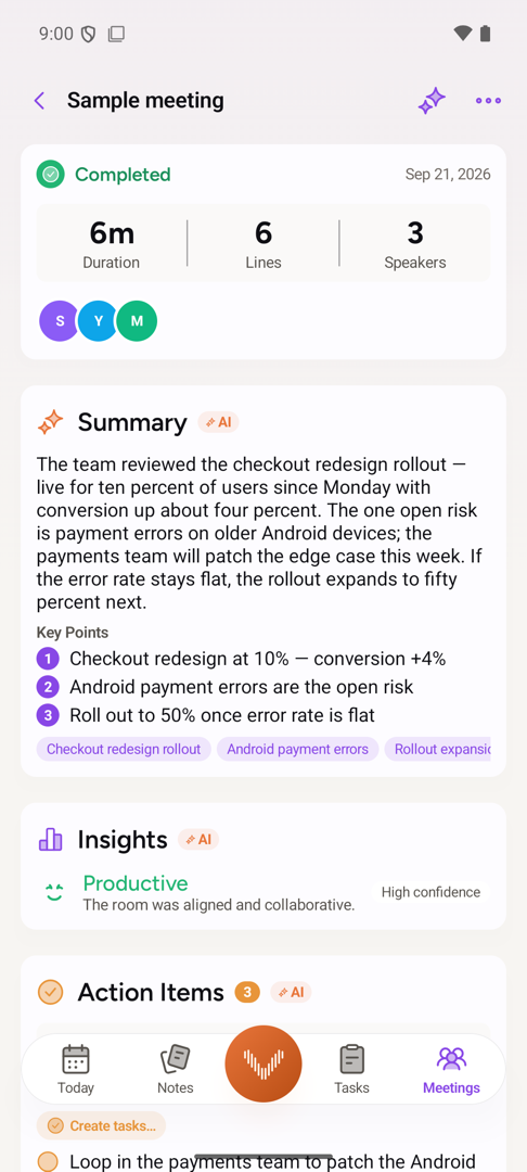 A finished meeting on Android: the AI summary, key points, how the room felt, and the action items it pulled out.