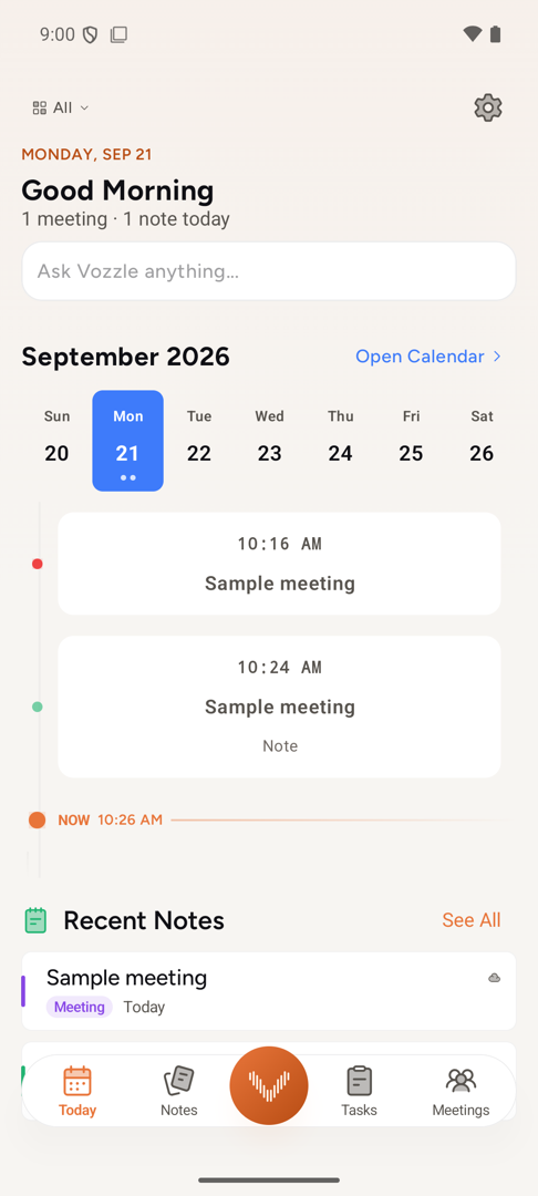 The Today screen on Android: the day's meeting and note on a timeline, with a bar to ask Vozzle anything.