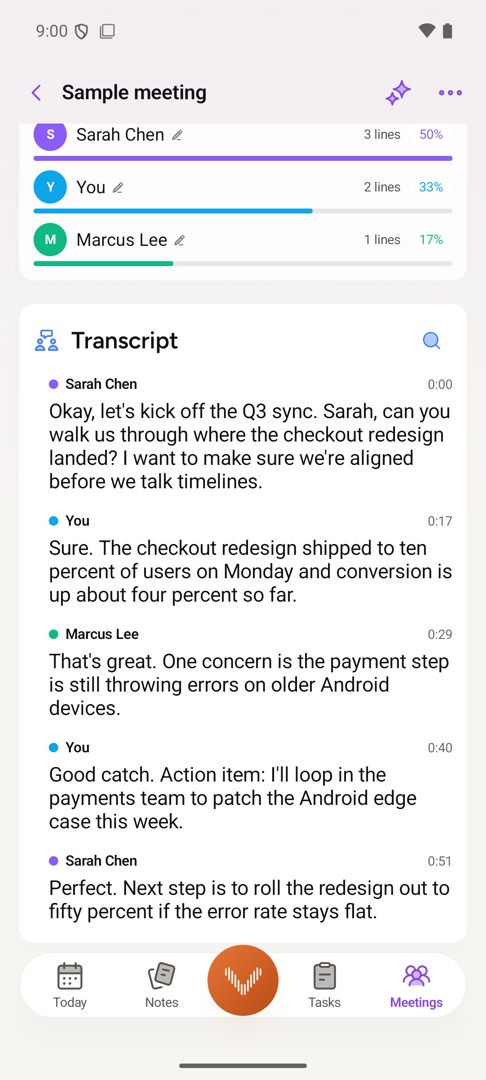 A meeting transcript on Android, each line attributed to a named speaker with timestamps and how much each person spoke.