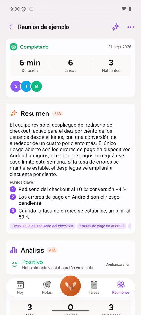 Una reunión terminada en Android: el resumen de la IA, los puntos clave, el sentimiento de la sala y las tareas que extrajo.