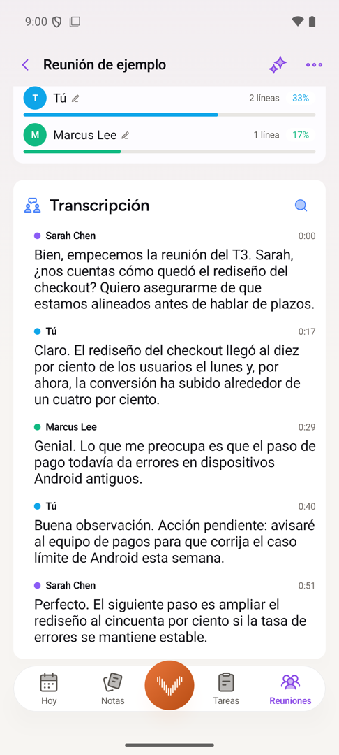 La transcripción de una reunión en Android, con cada línea atribuida a un hablante con nombre, marcas de tiempo y cuánto habló cada persona.