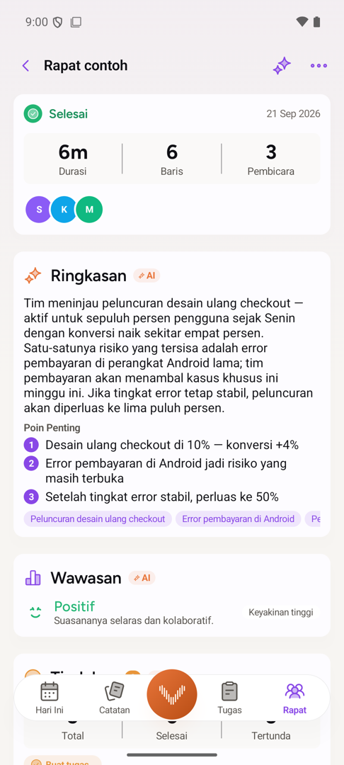 Rapat yang sudah selesai di Android: ringkasan AI, poin penting, suasana ruangan, dan action item yang ditarik Vozzle.