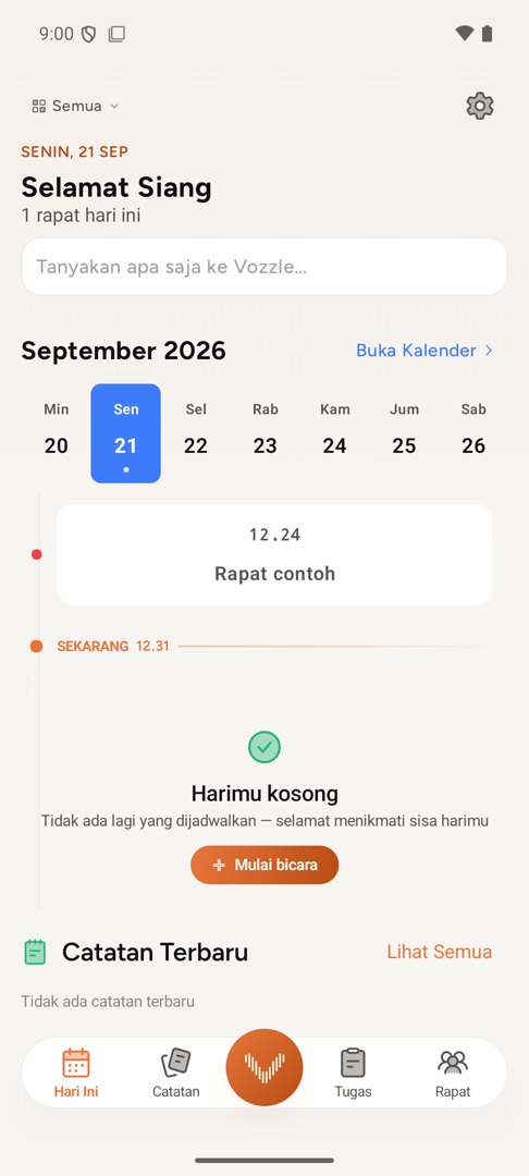 Layar Today di Android: rapat dan catatan hari itu pada satu lini masa, dengan bilah untuk menanyakan apa saja ke Vozzle.
