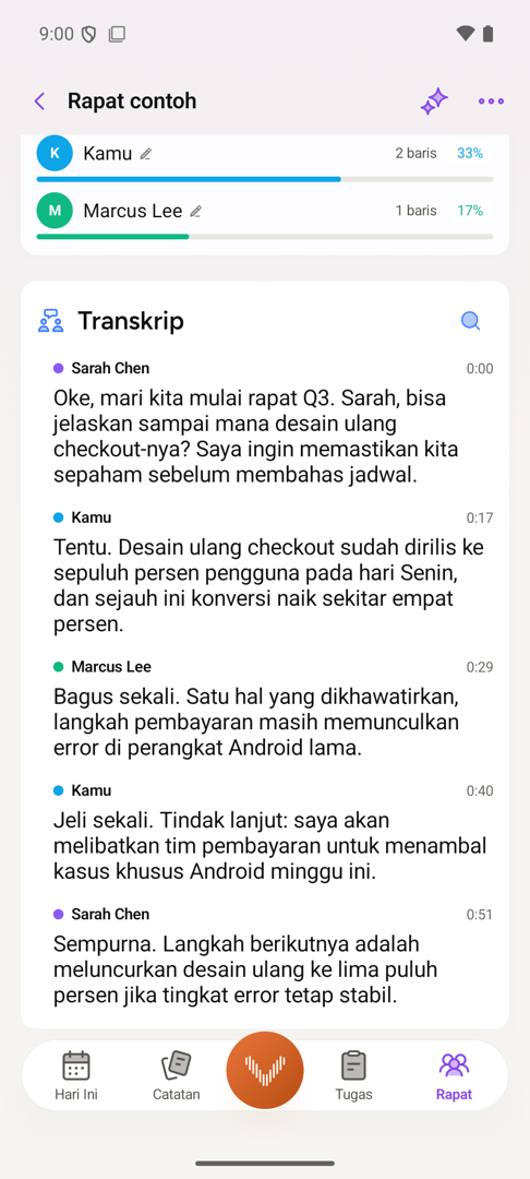 Transkrip rapat di Android, tiap baris dikaitkan dengan pembicara bernama, lengkap dengan stempel waktu dan porsi bicara tiap orang.