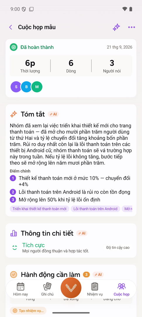 Một cuộc họp đã kết thúc trên Android: bản tóm tắt do AI viết, các điểm chính, cảm xúc chung của cả phòng, và các việc cần làm được rút ra từ đó.