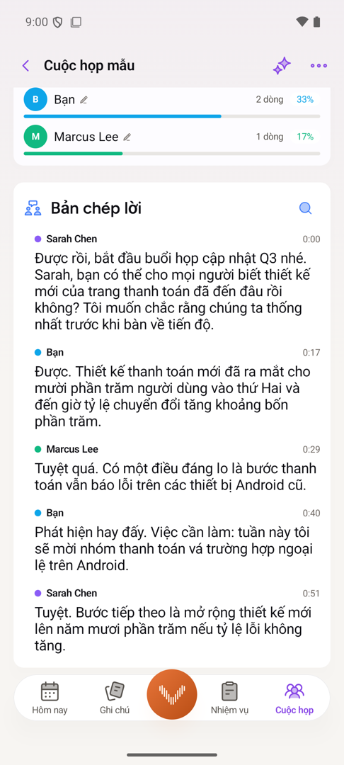 Bản ghi lời một cuộc họp trên Android, mỗi dòng được gán cho một người nói có tên, kèm dấu thời gian và thời lượng nói của từng người.